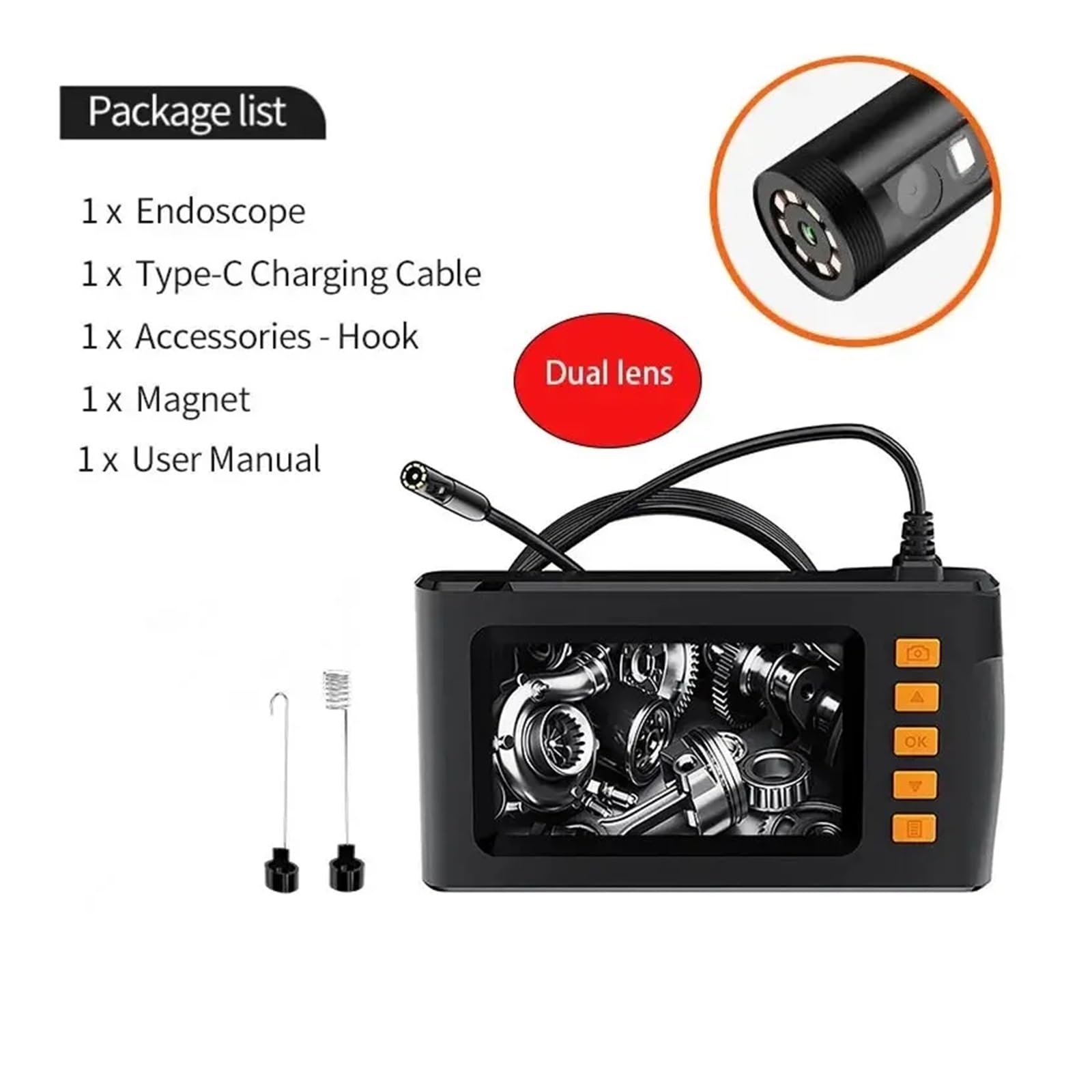 4.3 Inch Screen Industrial Endoscope Camera HD1080P Single Dual Lens Explorer Pipe Car Inspection Borescope 2-10M Rigid Cable(10m,4.3 inch Dual lens)