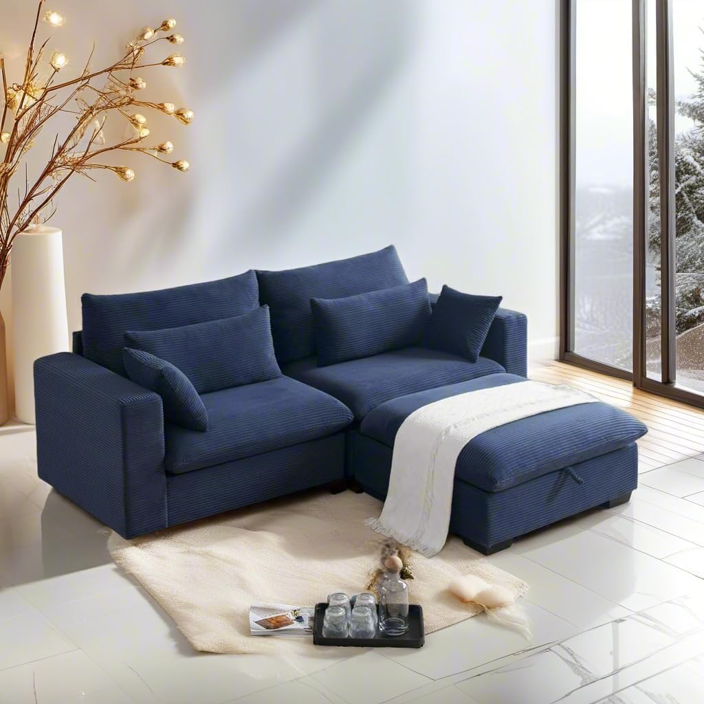 asunflower Loveseat Couch with Storage Ottoman, 86.6" L-Shaped Modular Sectional Sofa for Small Space Living Room,Corduroy 2 Seater Deep Seat Cloud Couch with Lumbar & Throw Pillows (Blue)