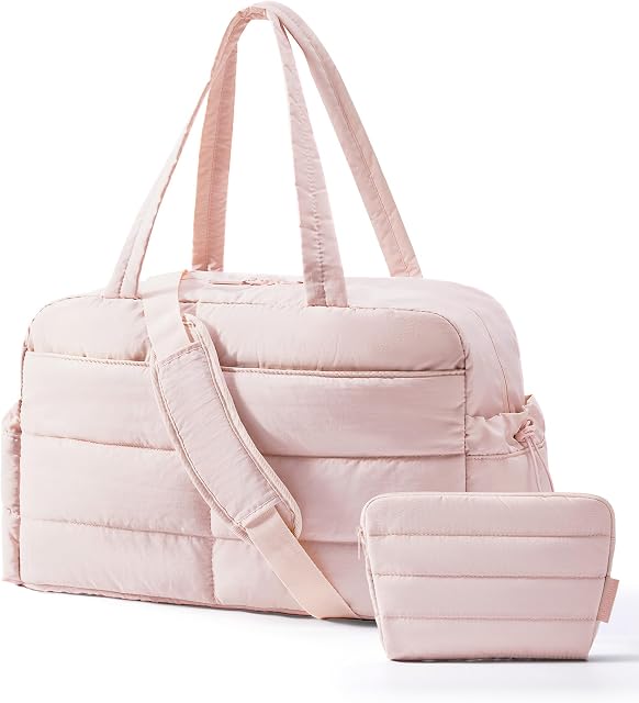 BAGSMART Puffer Travel Duffle Bag for Women, 31L Lightweight Quilted Laptop Carry on Gym Bag, Water Resistant Organizer for Weekender Overnight Hospital Sports Workout, Pink