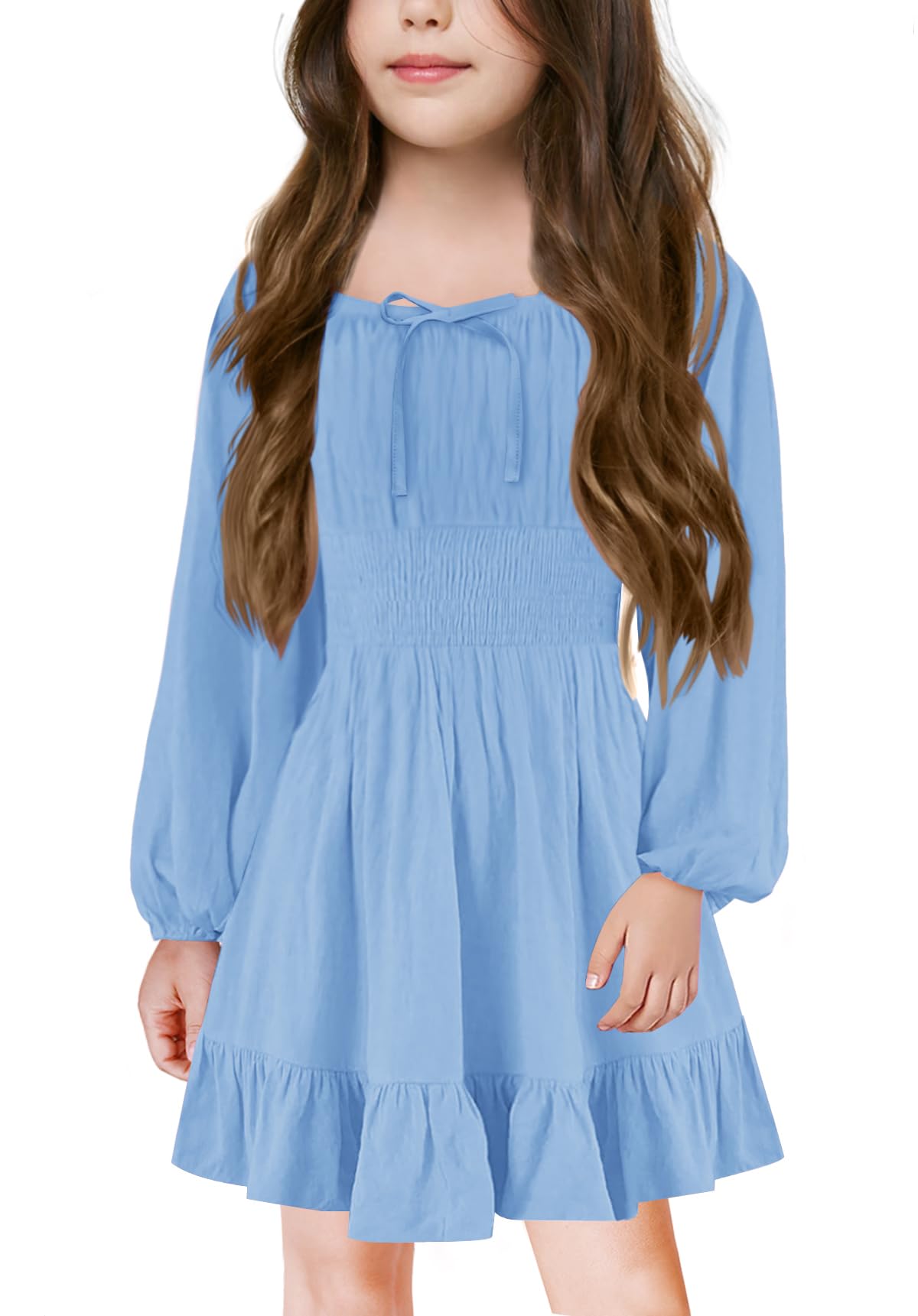 Batermoon Girls Long Sleeve Square Neck Casual Boho Smocked Short Dresses 5-14 Years