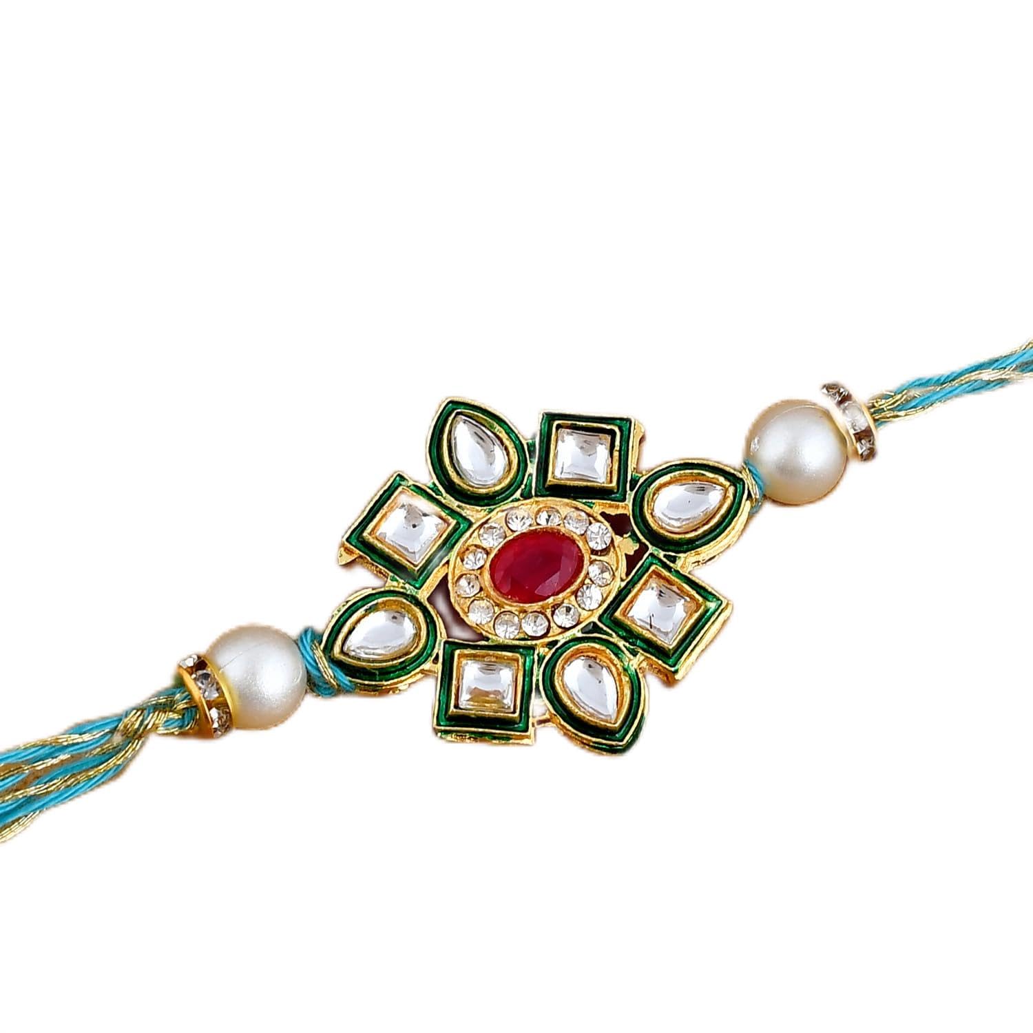 ascension Mens Handmade Kundan Green Flower Rakhi For Brother Bhaiya Bhabhi Raksha Bandhan Gift Band Moli Bracelet Stone Pearl Rakhi With Roli Tilak & Best Brother Fridge Magnet