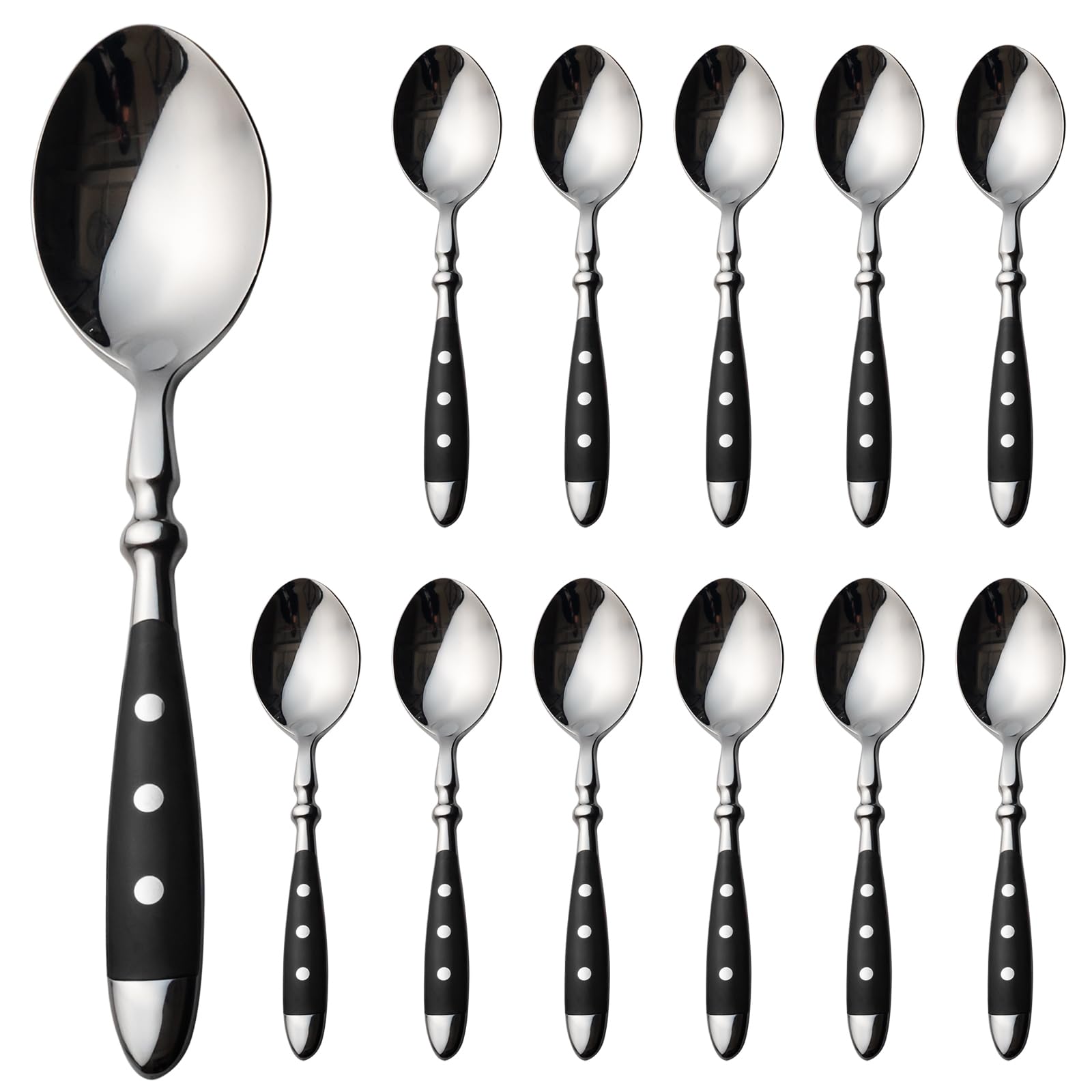 Alata Lot de 12 cuillères à soupe en acier inoxydable - Poignées noires - Poli miroir - Couverts pour la maison, le restaurant, l'hôtel, l'utilisation quotidienne - Série Berlin
