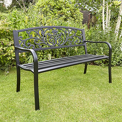 BFW Linden Black Garden Bench Metal 2 Seater Patio Seating Ornate Design