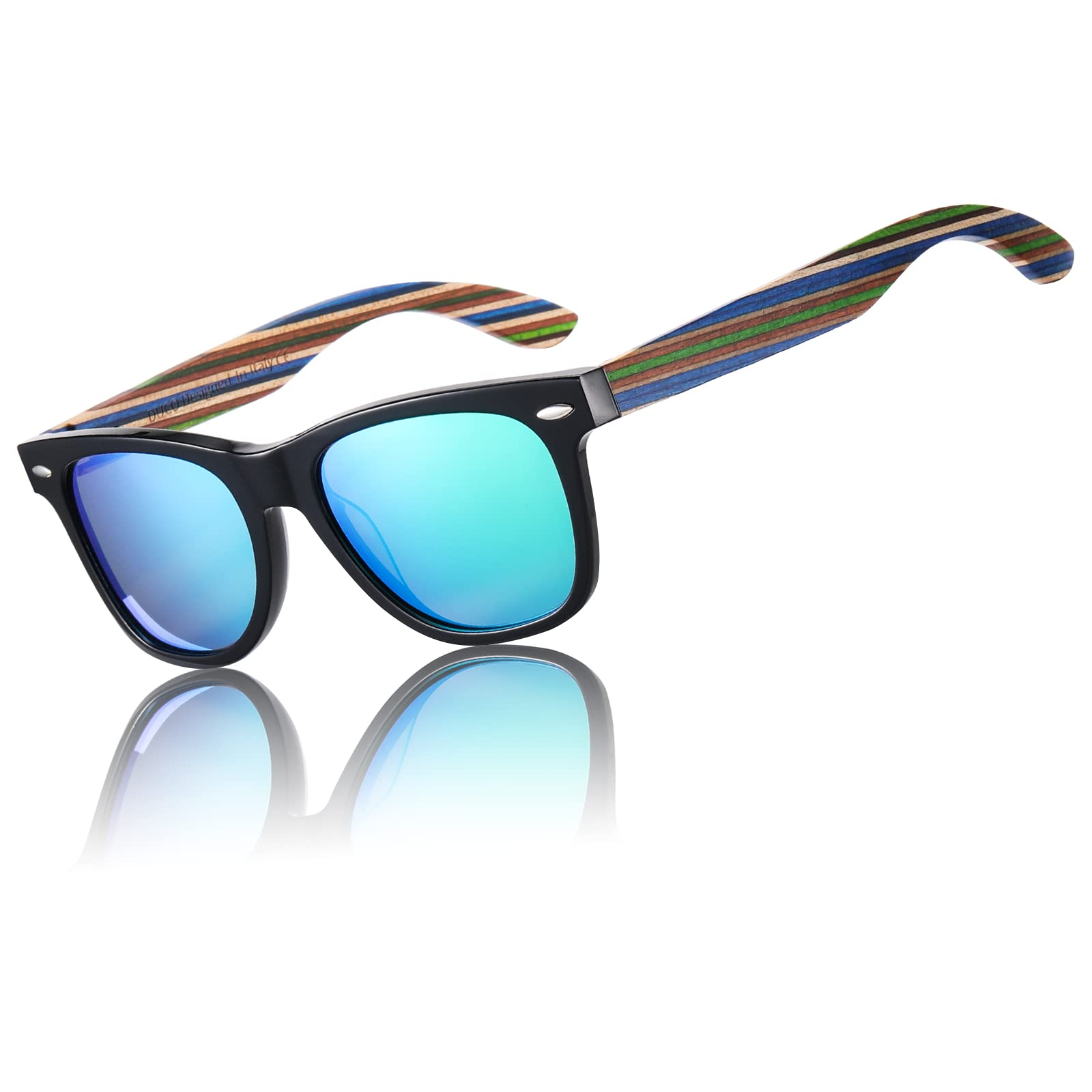 DUCO Retro-Holz Polarisierte Sonnenbrille Herren Damen Fahrerbrille 2141 | Umweltfreundliche Anglerbrille mit Walnussbügeln für Männer, UV400-Schutz Verspiegelte Linse Kat. 3, Geeignet als Geschenk