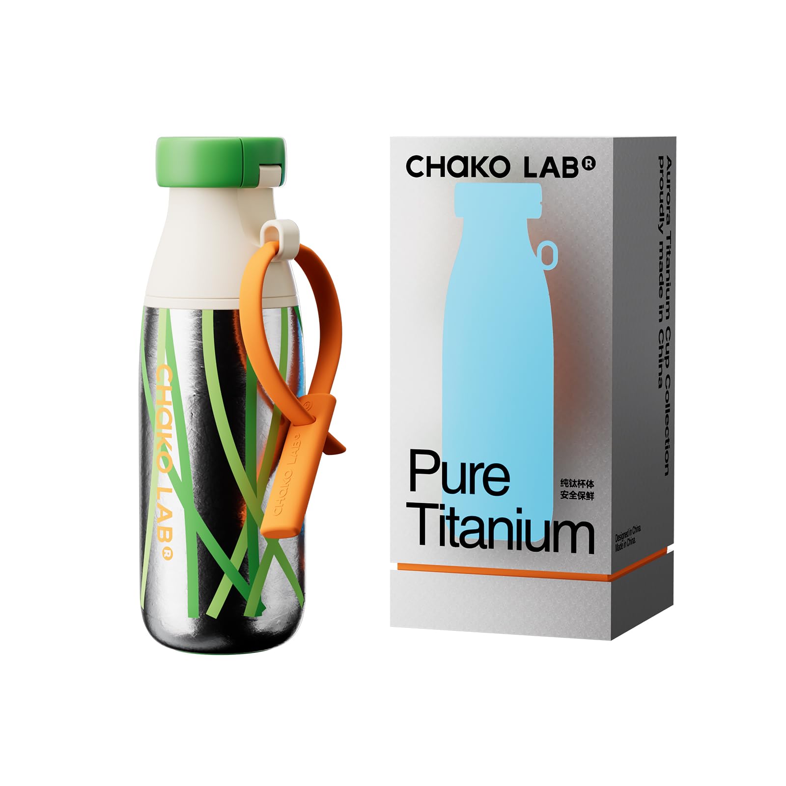CHAKO LAB Ti material Water Bottle with Two Strap | BPA-Free Leak Proof | 17oz Bottle with Spout Lid & Straw | Grass