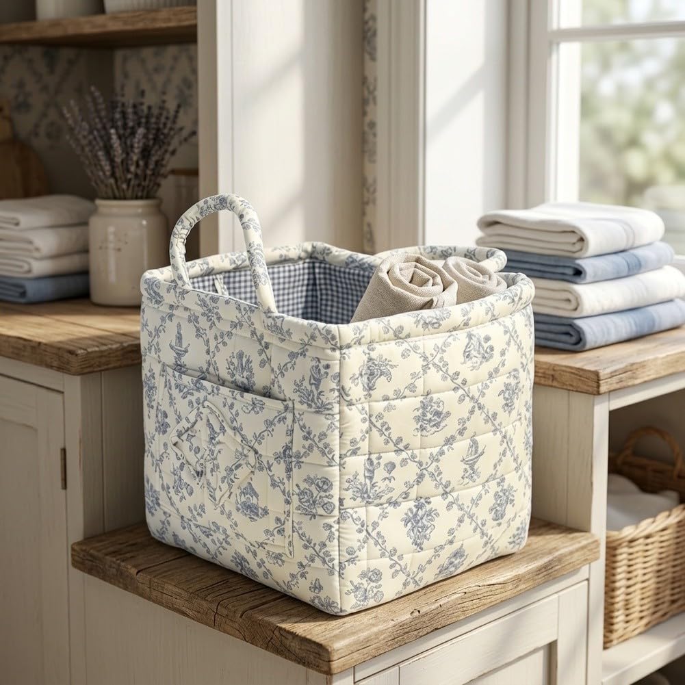 Cesto portabiancheria pieghevole con manici, grande cesto in cotone per l'organizzazione domestica, contenitore salvaspazio per giocattoli e coperte, blu, 32 x 26 x 25 cm