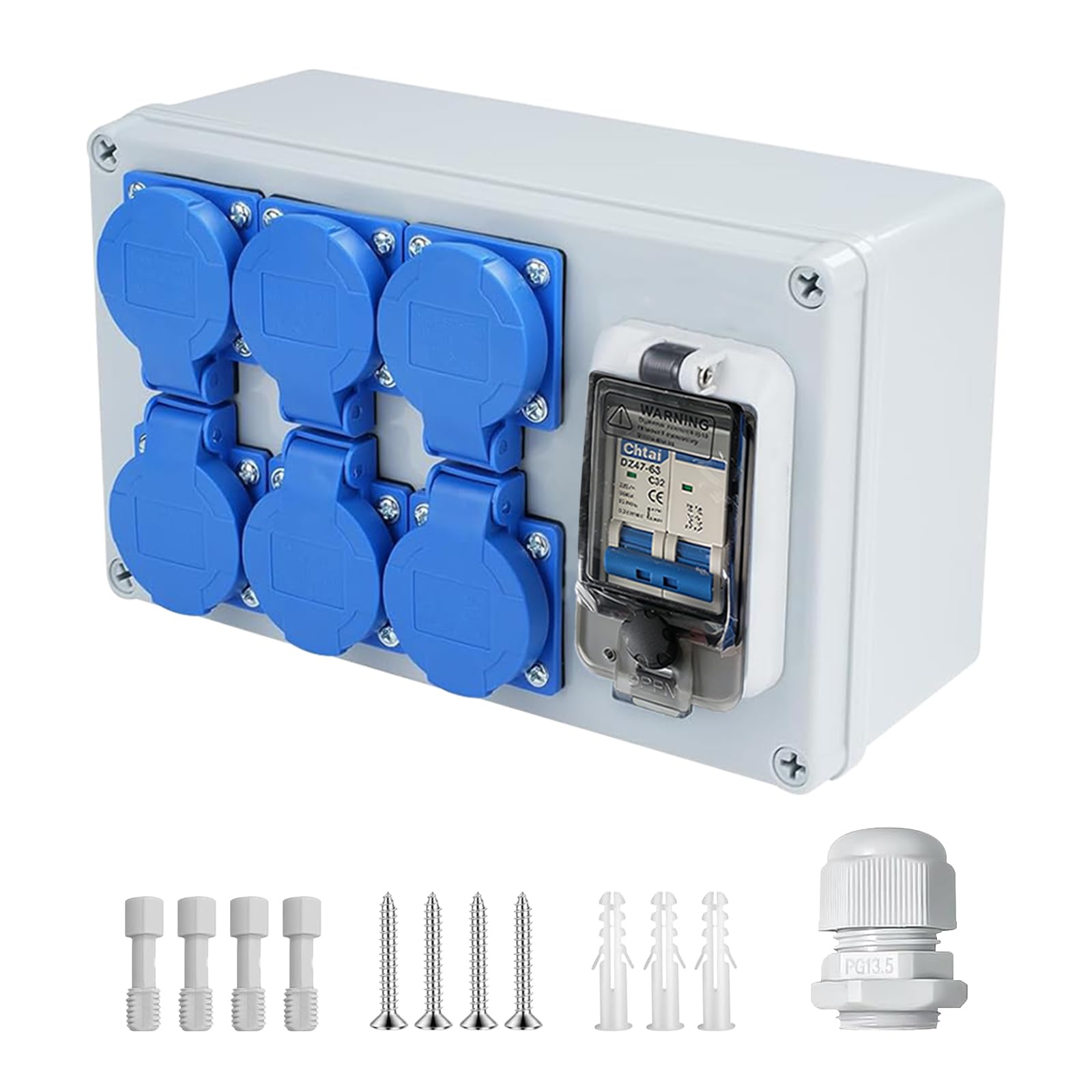Cofanetto Elettrico di Cantiere 250V, 16A Distributore a Parete con Interruttore Automatico, 6 Prese, IP54 Impermeabile, Distribuzioni di Corrente Cantiere di Costruzione per Interni ed Esterni