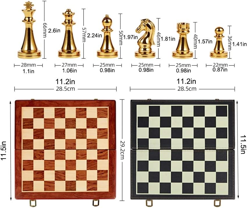 Chess Set Metal Set Wooden Travel Chess Set with Leather or Wood Chess Board and Storage Gift Decor Board Game (Color : Wood) (Leather)