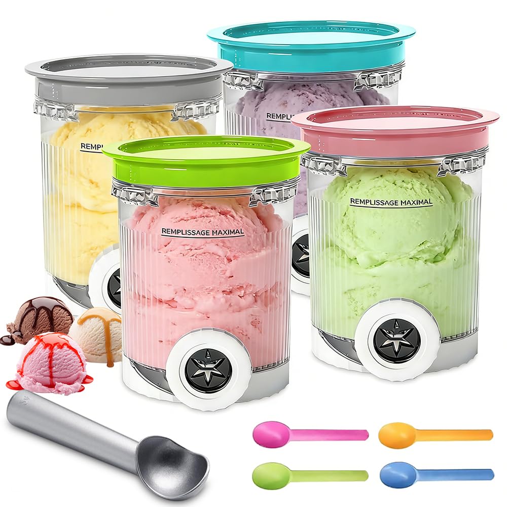4 Stück Behälter für Ninja CREAMi NC700 NC701, 480ML Creami Behälter mit Deckel und Schaufel, BPA-Frei und Spülmaschinenfest Becher, Creamy Deluxe Becher, Eisbehälter für Ninja Creami Zubehör