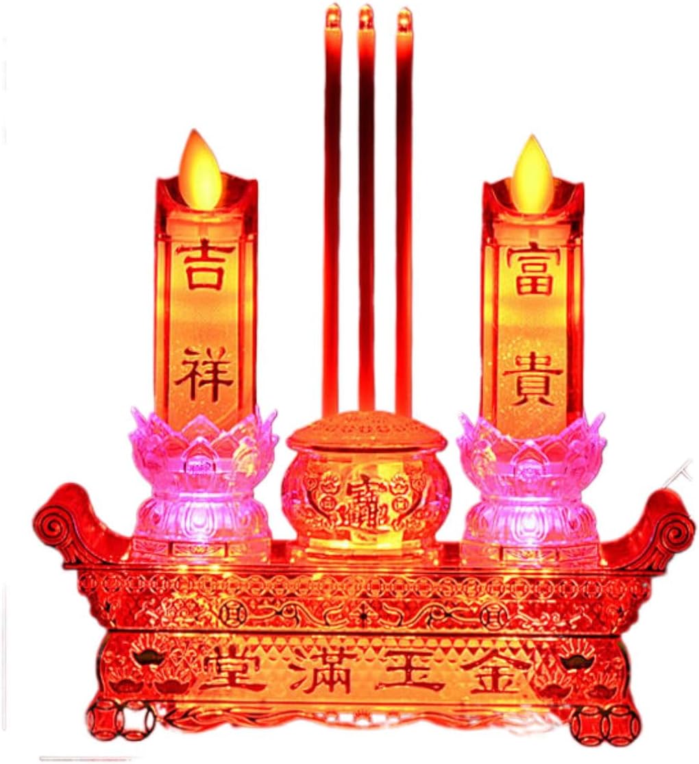 Statue Home and Office Decor for Success and Fortune 电香炉 Incense Burner 台长明灯 Lotus Lamp/LED Buddhist Lights Ornament Home 供灯插电LED招财家用财神塑料炉 Q-2249