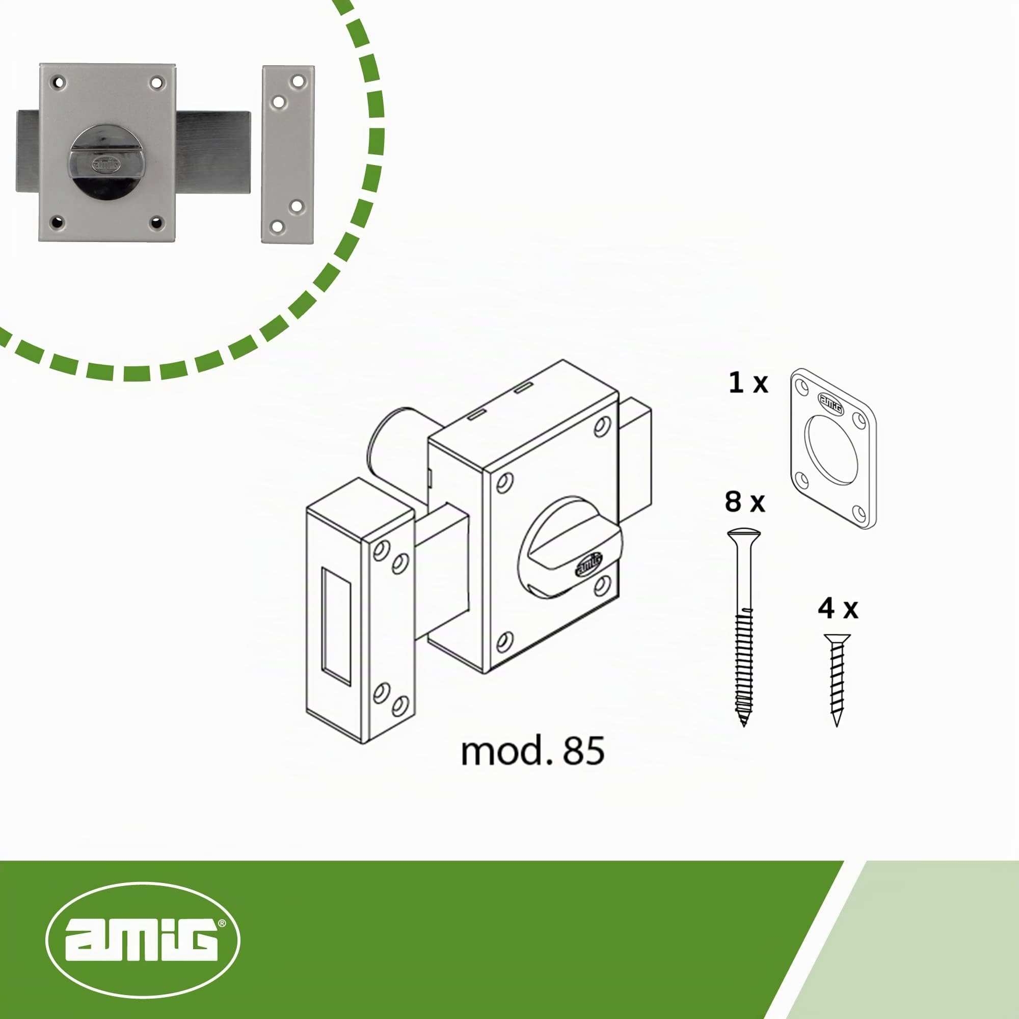 Amig - Serratura da sovrapporre con leva di chiusura e stampella interna per porte in legno mod. 85 | 85 x 65 mm | Chiusura con cilindro rotondo di sicurezza | Acciaio smaltato argento