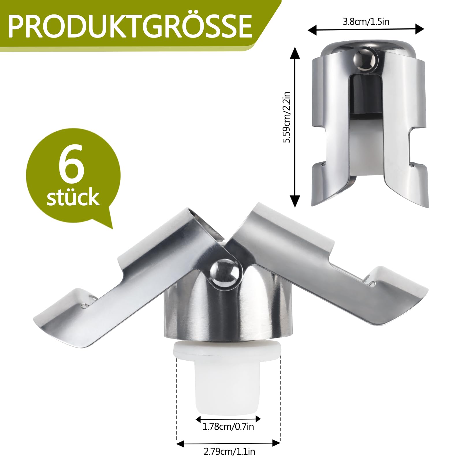 Foonary 6 tappi per bottiglie di spumante in acciaio inox, per champagne, cava, vini spumanti, prosecco, tappo per bottiglie di vino, tappo a corona, tappo per bottiglie, tenuta a prova di perdite