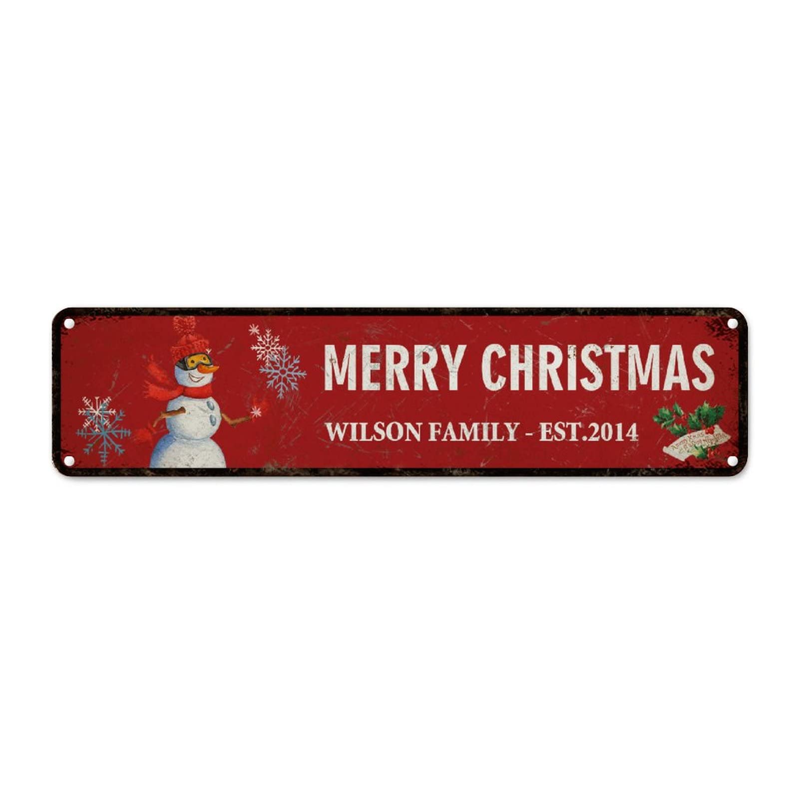 Panneau Noel aluminium retro 61x15cm. Plaque tin vintage bonhomme de neige deco rouge pour salon.