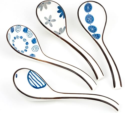 Cucharas de sopa de cerámica asiáticas japonesas Cucharas de sopa con mango largo curvado para fideos ramen, bola de masa hervida, arroz (4 piezas)