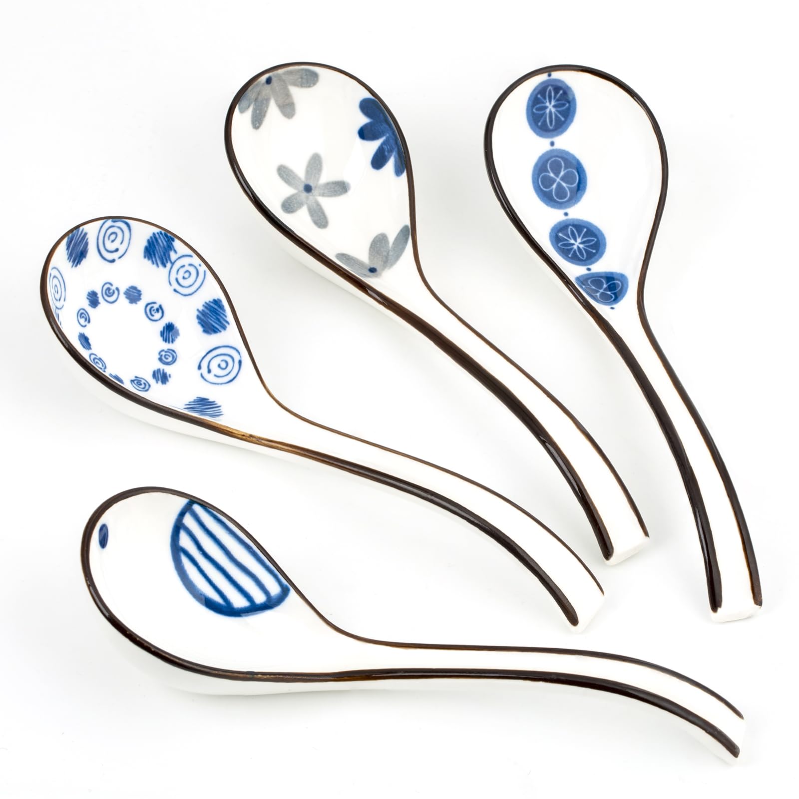 Asian Ceramic Soup Spoons Japanese - Soup Spoons with Long Curved Handle for Ramen Noodles,Dumpling,Rice(4 Pcs)