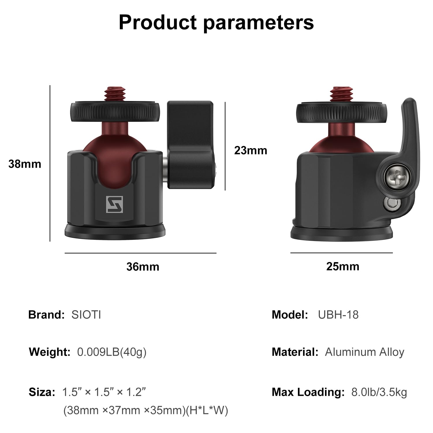 SIOTI Mini Cabezal De Bola De Aluminio – Rótula Inclinable Con Tornillo 1/4" Para Trípode, Monopie, Cámara, Móvil Y GoPro