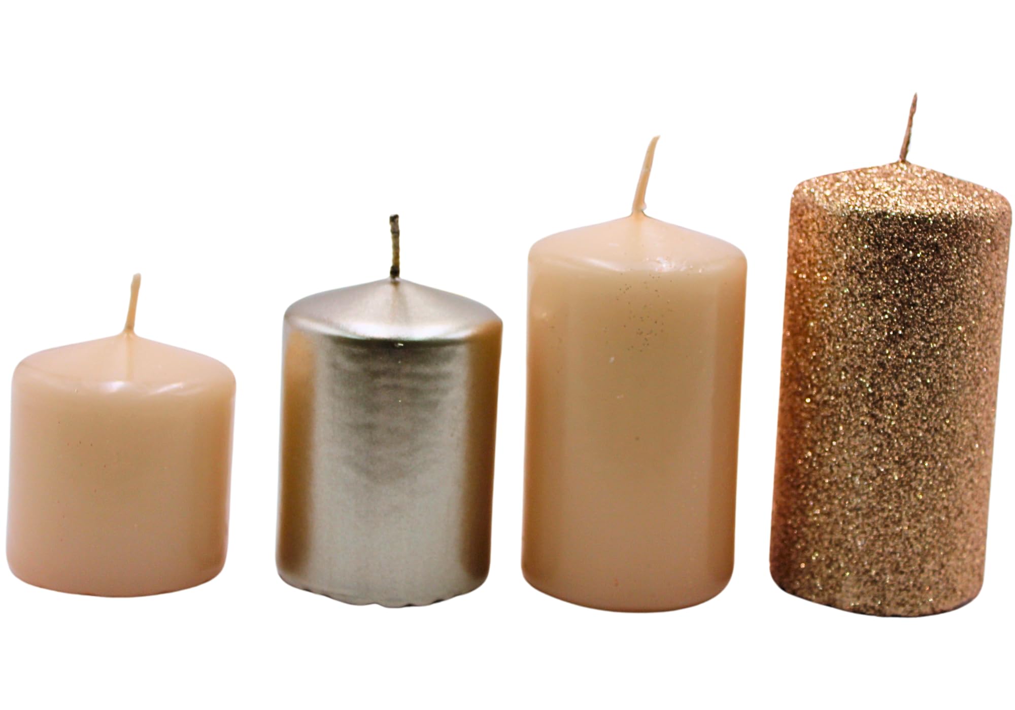 Dekohelden24 Advent Candles, Pillar Candles, 4 Pieces, Beige Cappuccino & Bronze Glitter, Tiered 5x5x5cm to 5x5x9cm