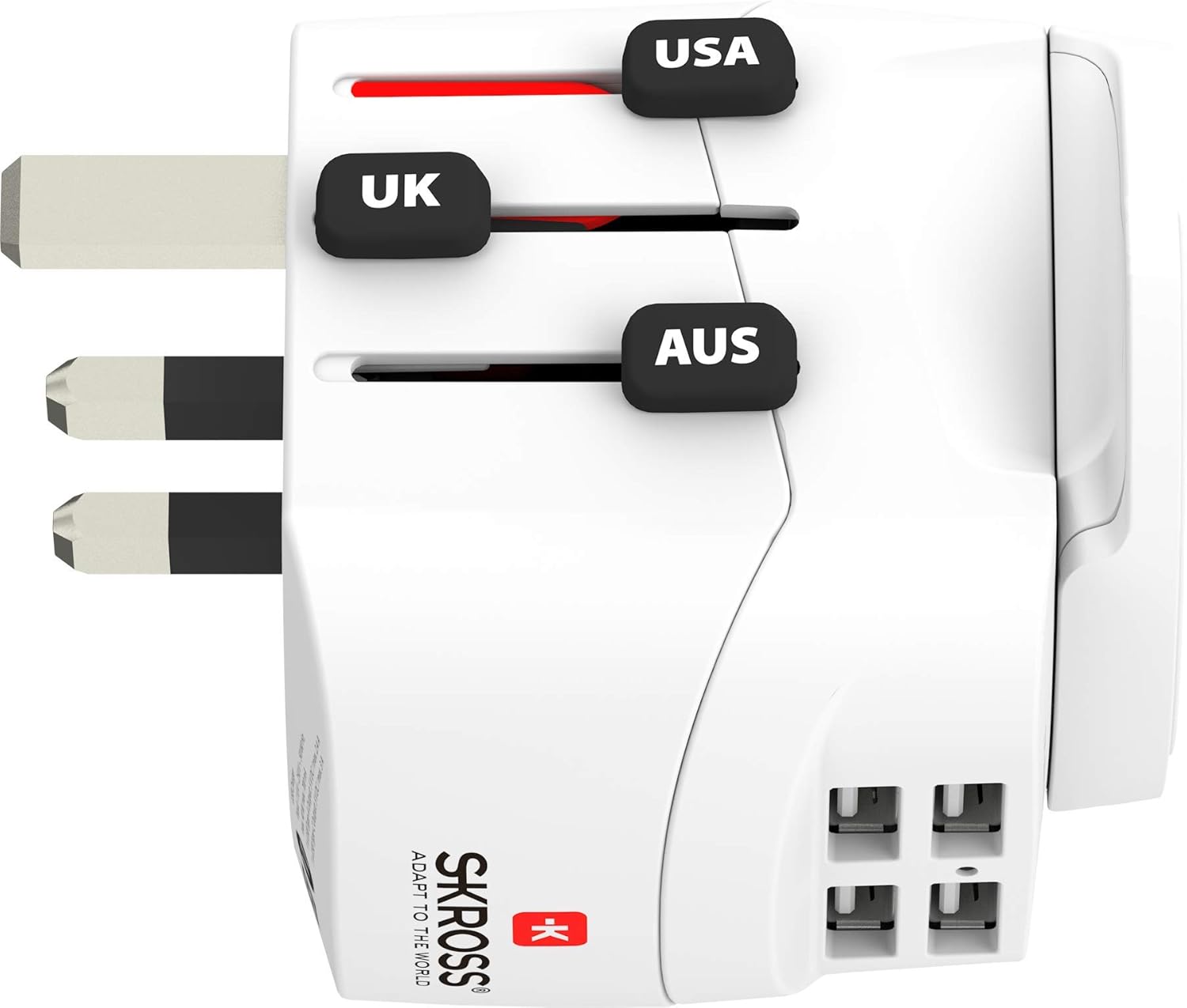 SKROSS | 1.302471 | PRO Light USB (4xA) – Mondo | Adattatore da viaggio universale 2 e 3 pin con 4 porte USB da 4,8 A. Voltaggio e potenza: 100 V – 700 W/250 V – 1750 W. Protezione dagli urti