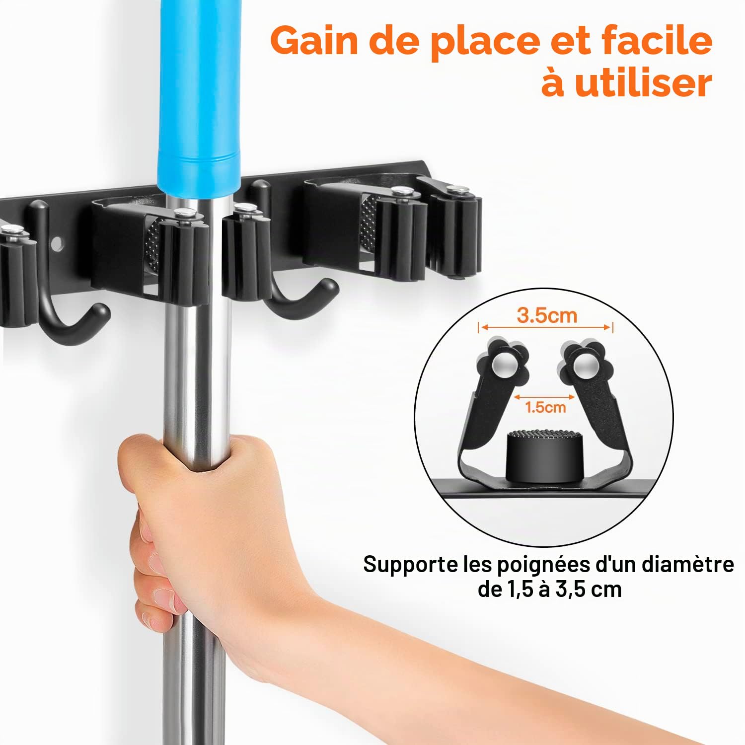 ibell 2 Pièces Accroche Balai Mural, Porte Balai Mural en Acier Inoxydable avec 10 Emplacements et 8 Crochets, Support Cintre de Rangement pour Cuisine Jardin Garage