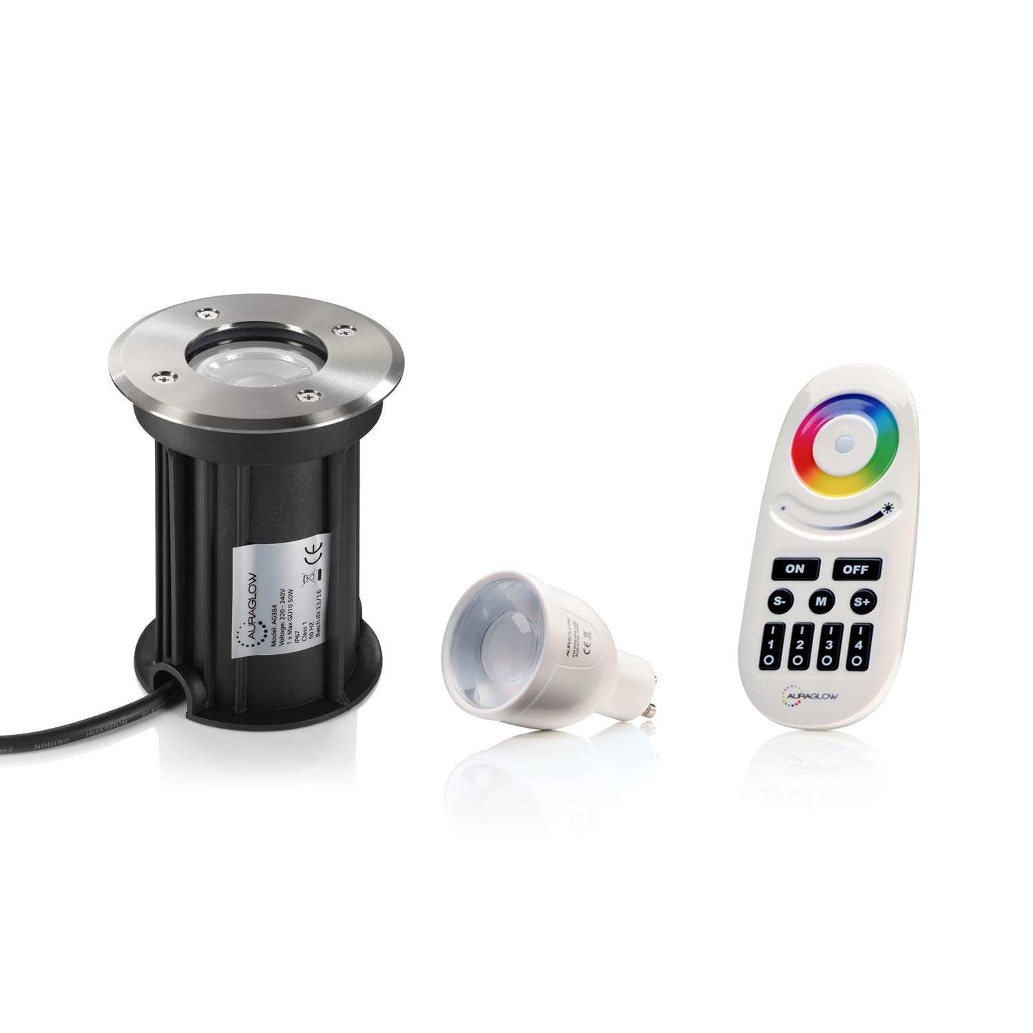 Auraglow IP67 Recessed GU10 Holder Ground Light - Outdoor Garden Patio Path Deck - RF Remote Control Colour Changing LED Light Bulb Bundle