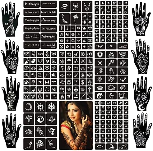 24 Sheets Henna Tattoo Stencil Kit 270+pcs, Henna Stencils Reusable Temporary Indian Glitter Airbrush Tattoo Stencils for Face Body Paint DIY