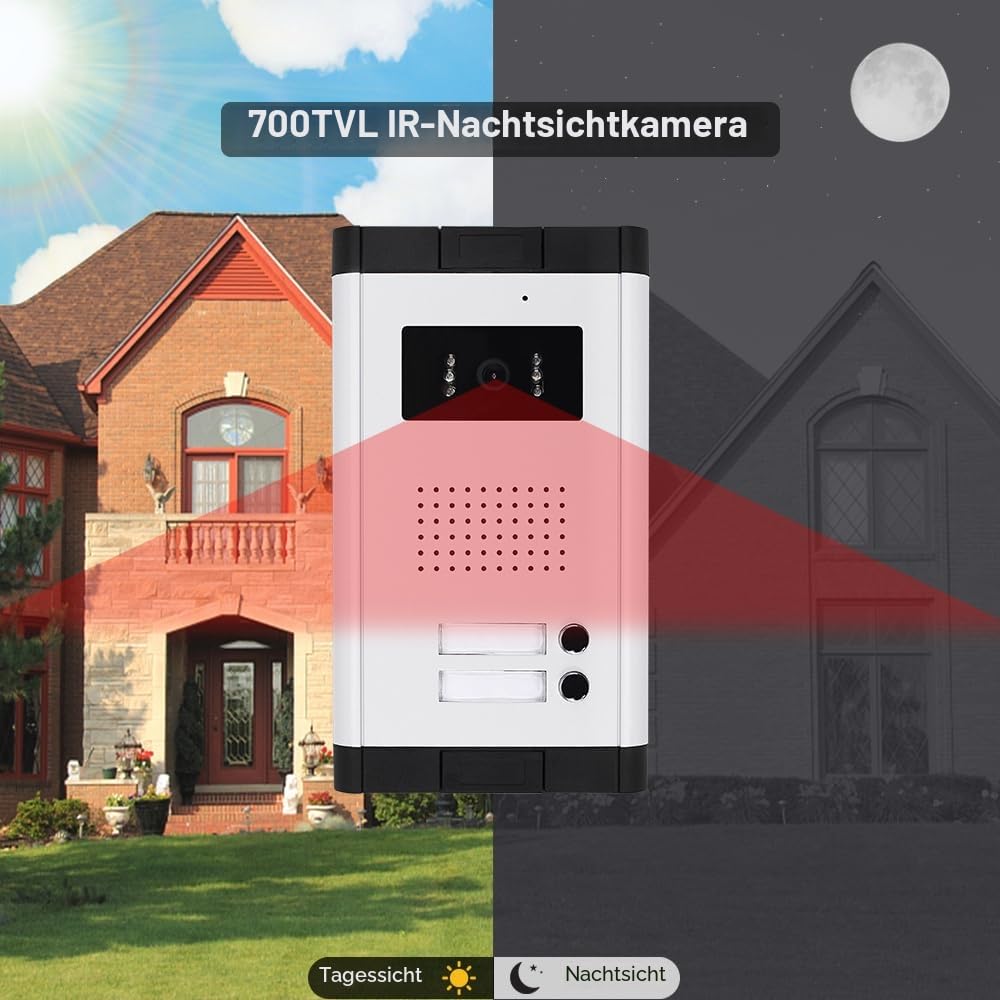 7-Zoll Video Türsprechanlage 2-Familienhaus, 4-Draht Gegensprechanlage, 1 Außenkamera und 2x 7 Zoll Monitor, Türsprechanlage mit Kamera, Zwei-Wege-Audio, Nachtsicht, 25 Klingeltöne