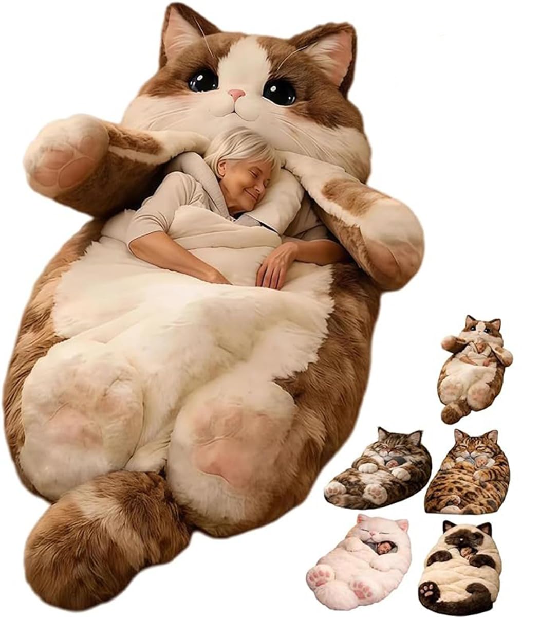 Cat Sleeping Bag for Human – 80"x31" Giant Fluff-y Cat Sleeping Bag for Adults, Adorable Cats Envelopes SleepingBag, Washable Warm Plush Floor Lounger with Soft Lining, for Indoor & Camping (A#)