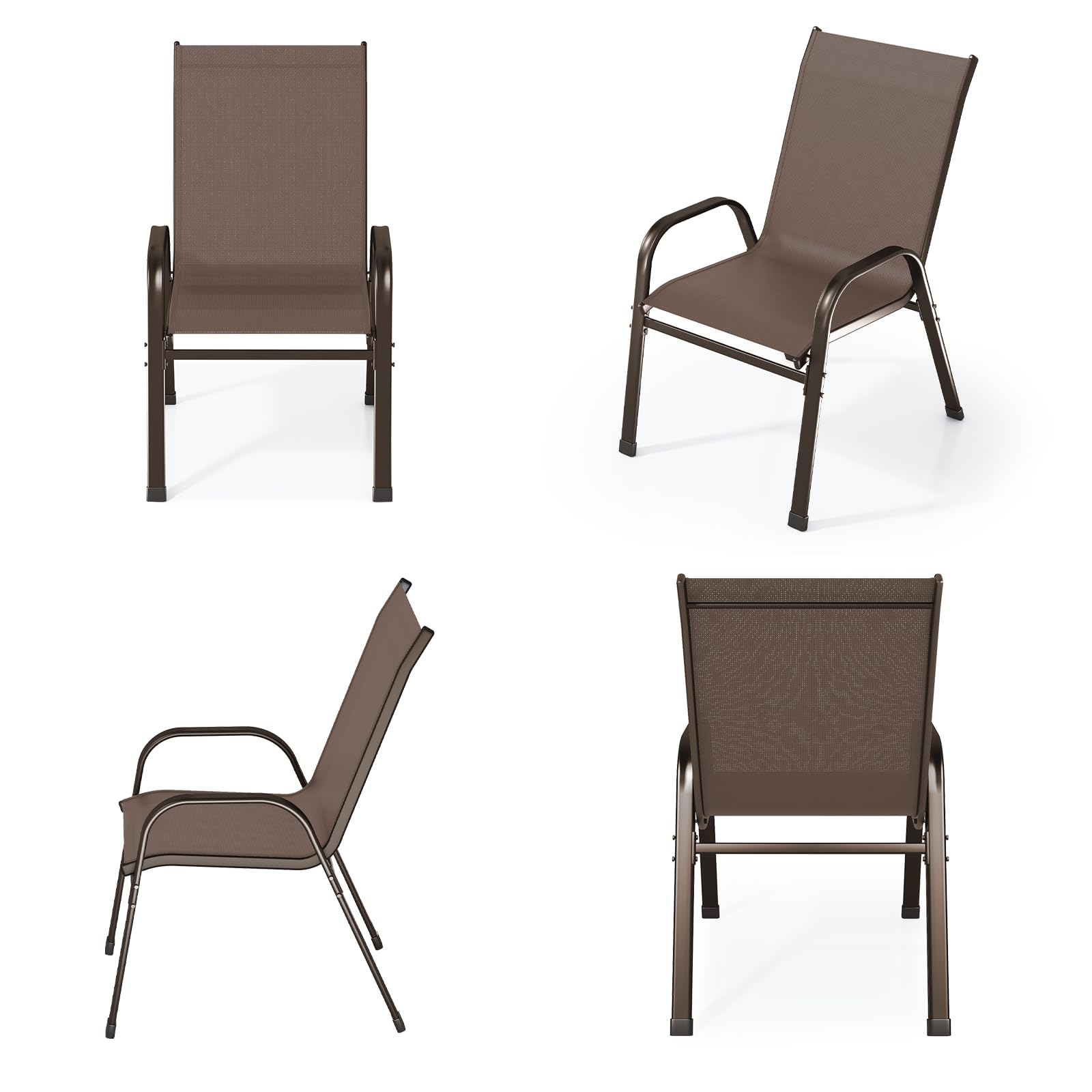 Juego de 4 sillas apilables de jardín, sillas de balcón y terraza con respaldo alto y reposabrazos, estructura de metal resistente a la intemperie