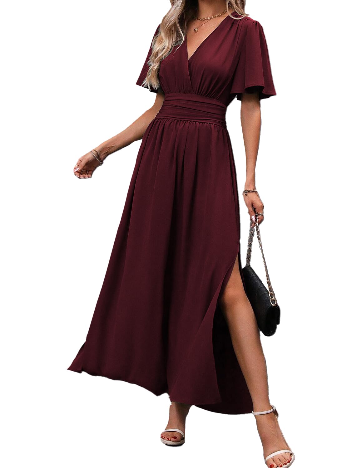Damen Kleid Kurzarm V-Ausschnit Tunika Maxi Einfarbig Casual Hohe Taille Freizeitkleid Frühling Sommer