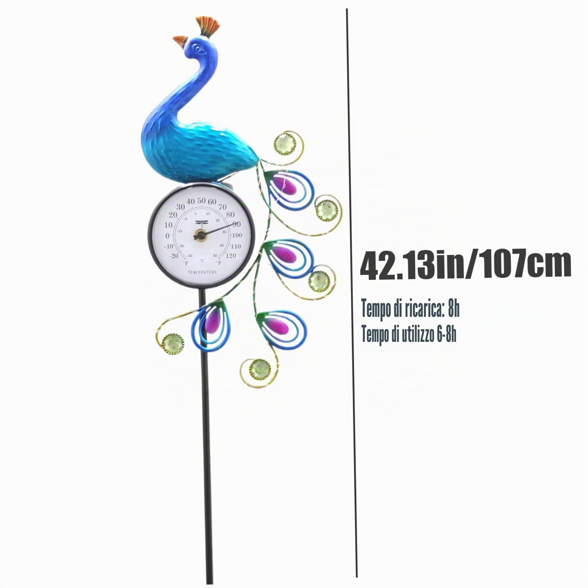 Indicatore di temperatura esterno, termometro per esterni design di pavone luci solari termometro per esterno impermeabile con decorazione per pavoni da 42 pollici per il pace per cortile esterno
