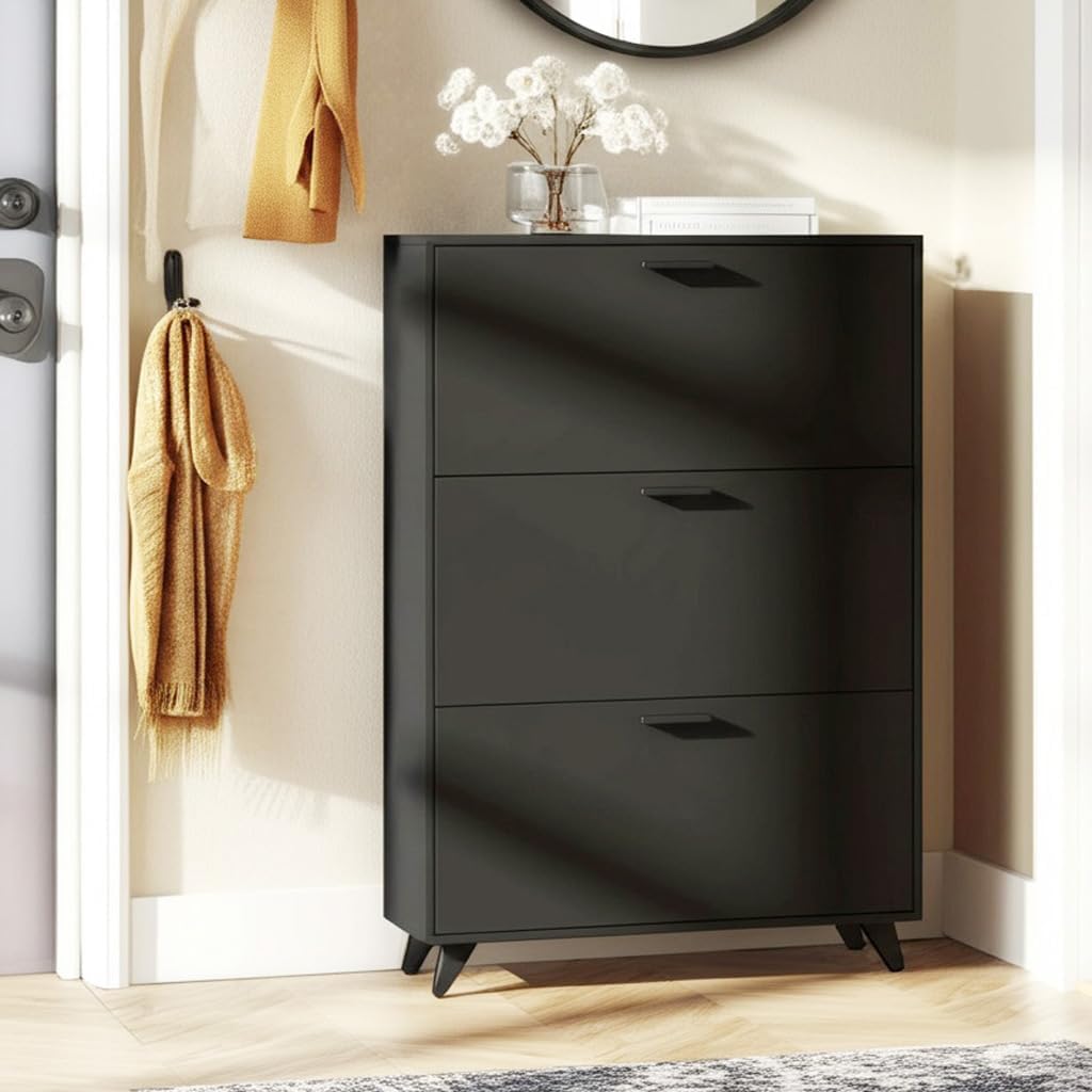 Anystyle Black Shoe Storage Cabinet for Large Shoes, 3-Tier Adjustable Flip-Door Organizer, Space-Saving Wooden Cabinet for Entryway, Closet, Living Room, 31.5" W x 49.2" H