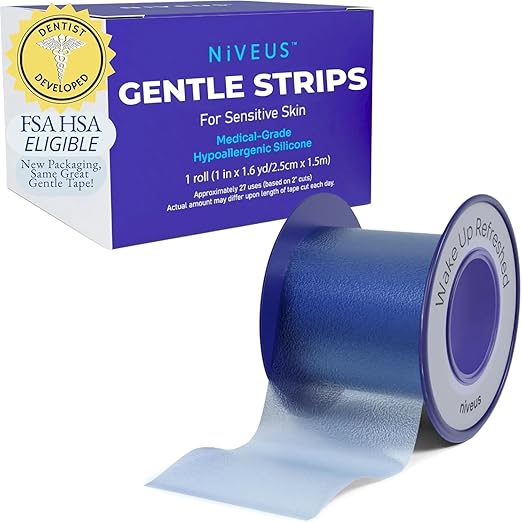 Niveus Gentle Silicone Tape Strips - Dentist Developed, Clear Soft Perforated Silicone Adhesive, FSA HSA Approved, for Sensitive Skin (1 in x 4.9 ft) (Blue Tape)