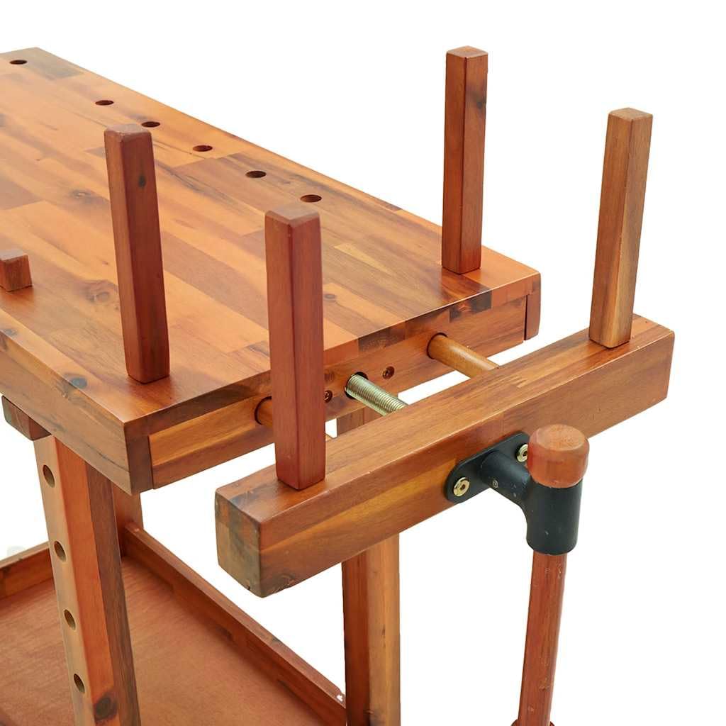 Banco de trabajo estable con tornillo de banco y espacio de almacenamiento de madera maciza para garaje y taller con estante
