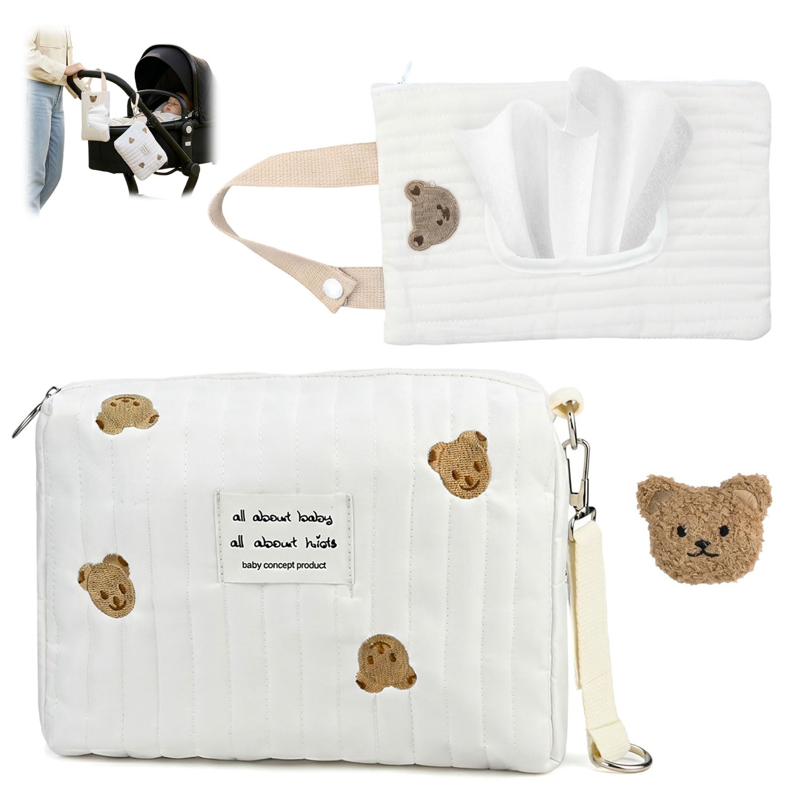 Bärenprint Windeltasche Mit Griff - Wickeltasche Organizer Mit Teddy-Muster, Multifunktionale Wet Bag mit Tissuebox Organizer und Bärenförmige Brosche, Praktische Baby Paket Für Reisen, Einkaufen