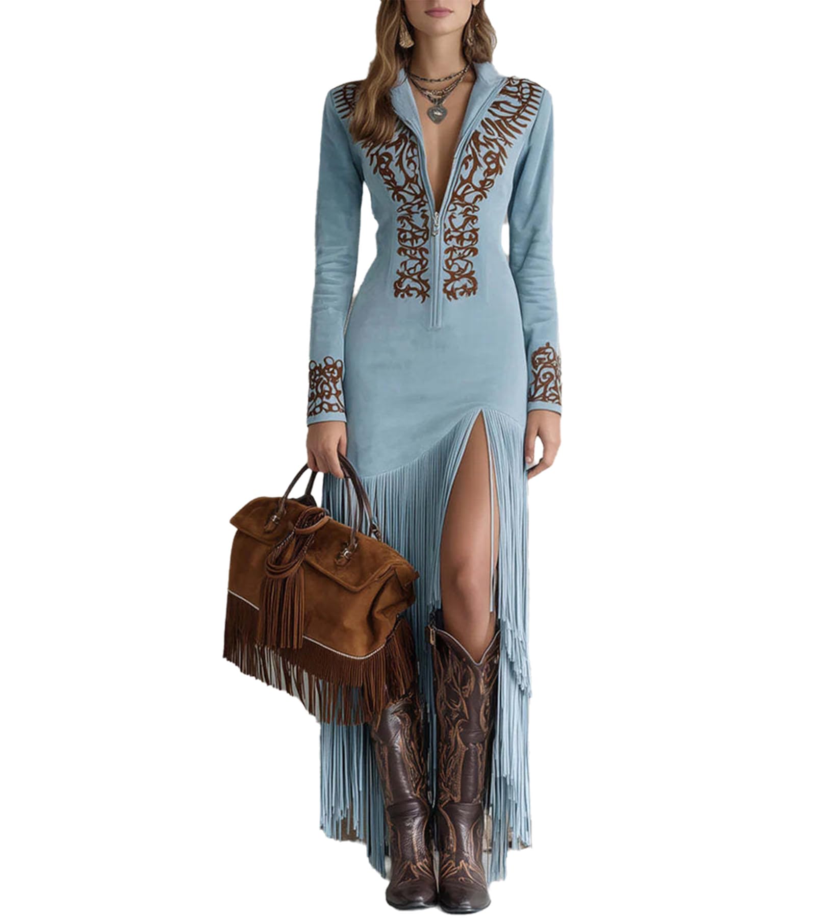 Cffvdiz Women's Light Blue Long-Sleeve Slim Embroidered Fringe Western Cowgirls Dress Sexy Bodycon Suede Dresses,,L