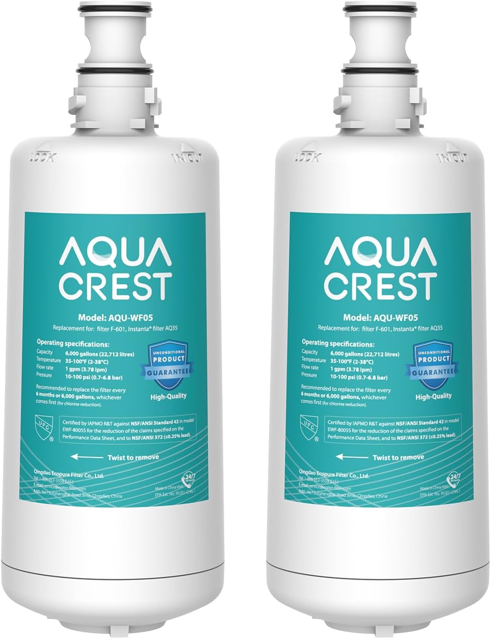 AQUACREST F-601R – Cartucho de filtro, certificado NSF/ANSI 42, repuesto para cartucho de filtro F-601R (paquete de 2)