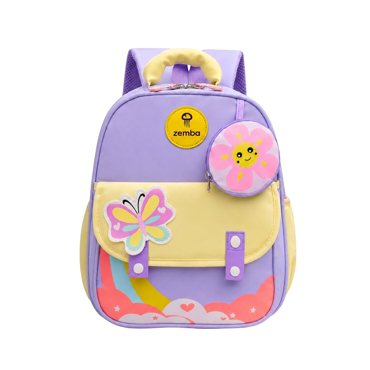 zemba Butterfly Dreams Kids Schoolbag,Backpack with Butterfly and Flower Design, Purple and Yellow, Cute Cartoon Style with Round Pouch-picture-52