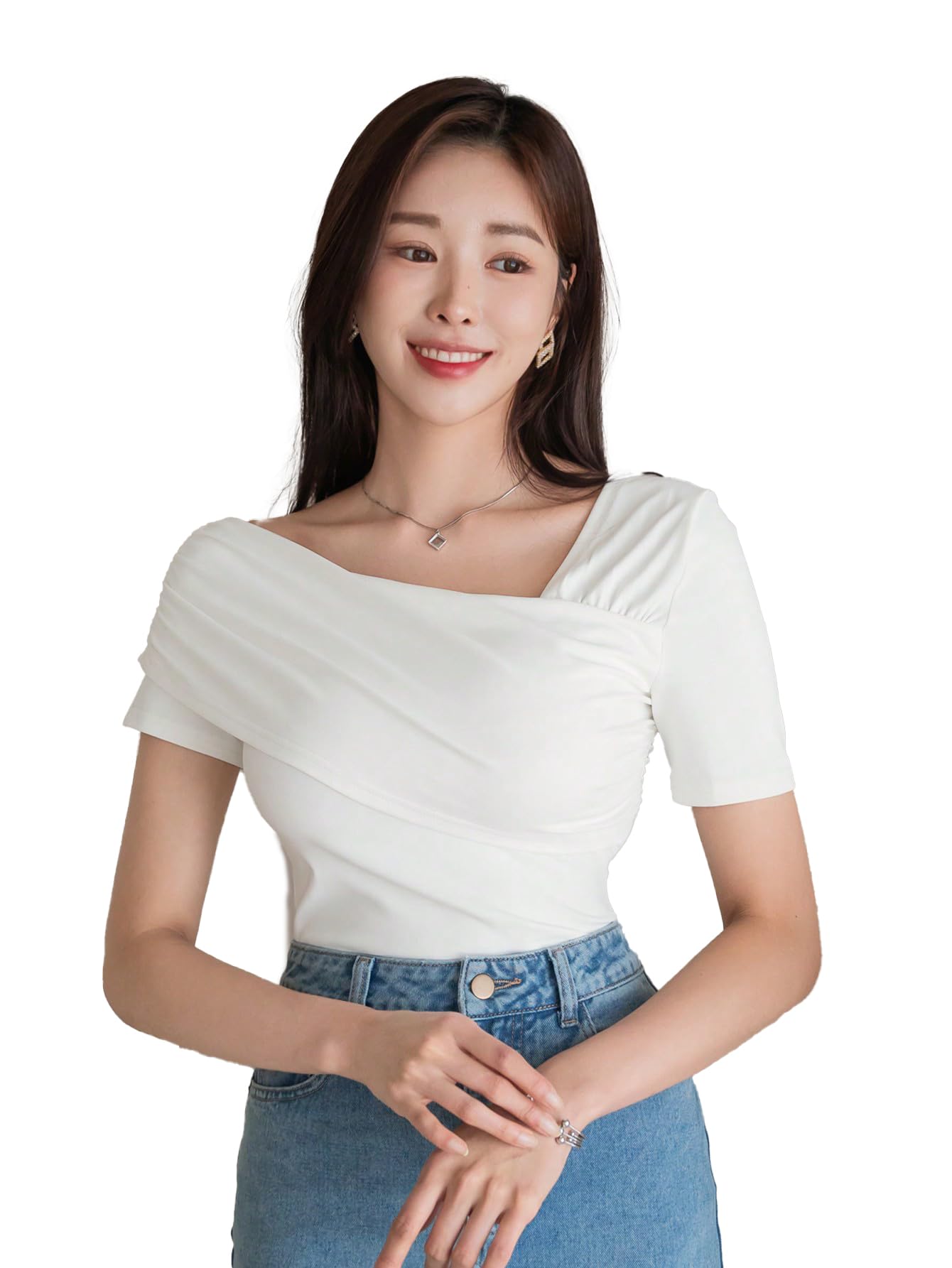 Istyle CanWomen's White Asymmetrical Ruched Stretchy Basic Short Sleeve T-Shirt