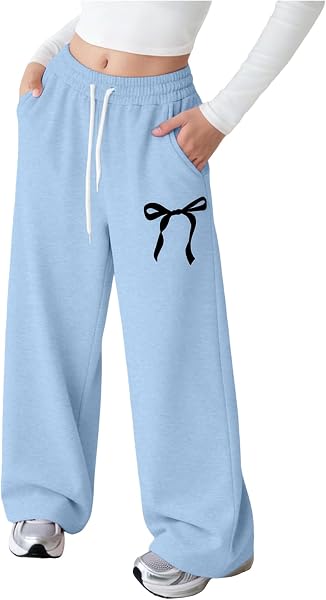 Girls Baggy Jogging Bottoms with Bow Printed Elastic Waist Drawstring Wide Leg Pants Comfort Casual Jogging Baggy Kids Teen with Pockets - 5