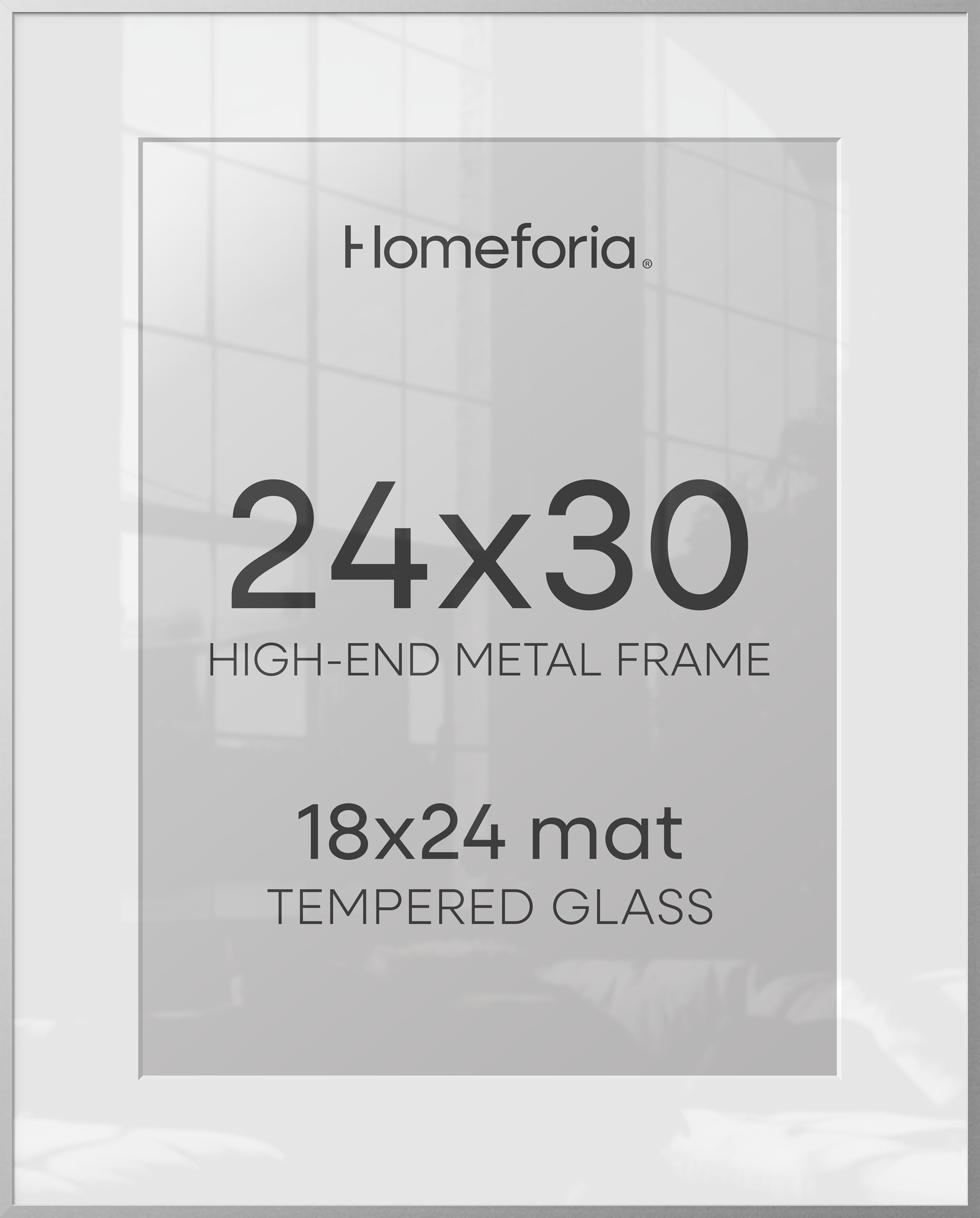 Homeforia Poster Silver Frame 24x30, High End Metal 24 x 30 Large Picture Frames with Mat 18 by 24 for Photo, 24x30 Silver Frames Matted to 18x24 Print, 30x24 Frame, Tempered Glass, Wall Kit, Set of 1