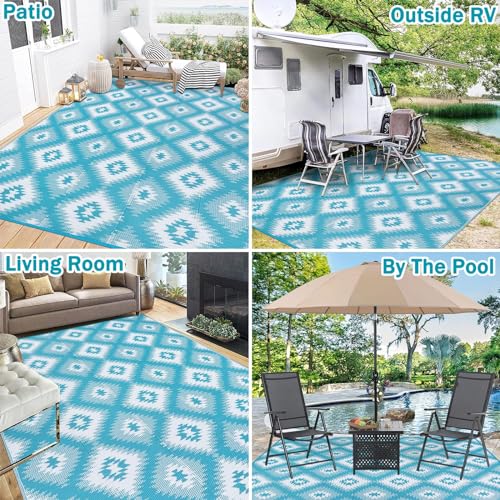 Ileading Reversible Outdoor Rug 6x9Ft Waterproof Patio Rug Carpet Portable Outdoor Plastic Straw Rug Large RV Camping Mat Rug for Patio, Clearance, Deck, Beach, Porch, Camping, Picnic, Gradual Teal