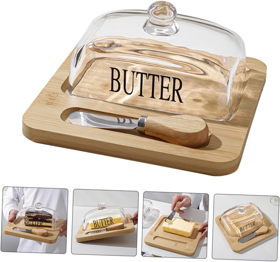 Butter Dish with Lid and Cutter Glass Dome Cheese Holder Tray for Butter Storage and Serving with Base for Refrigerator and Table Use
