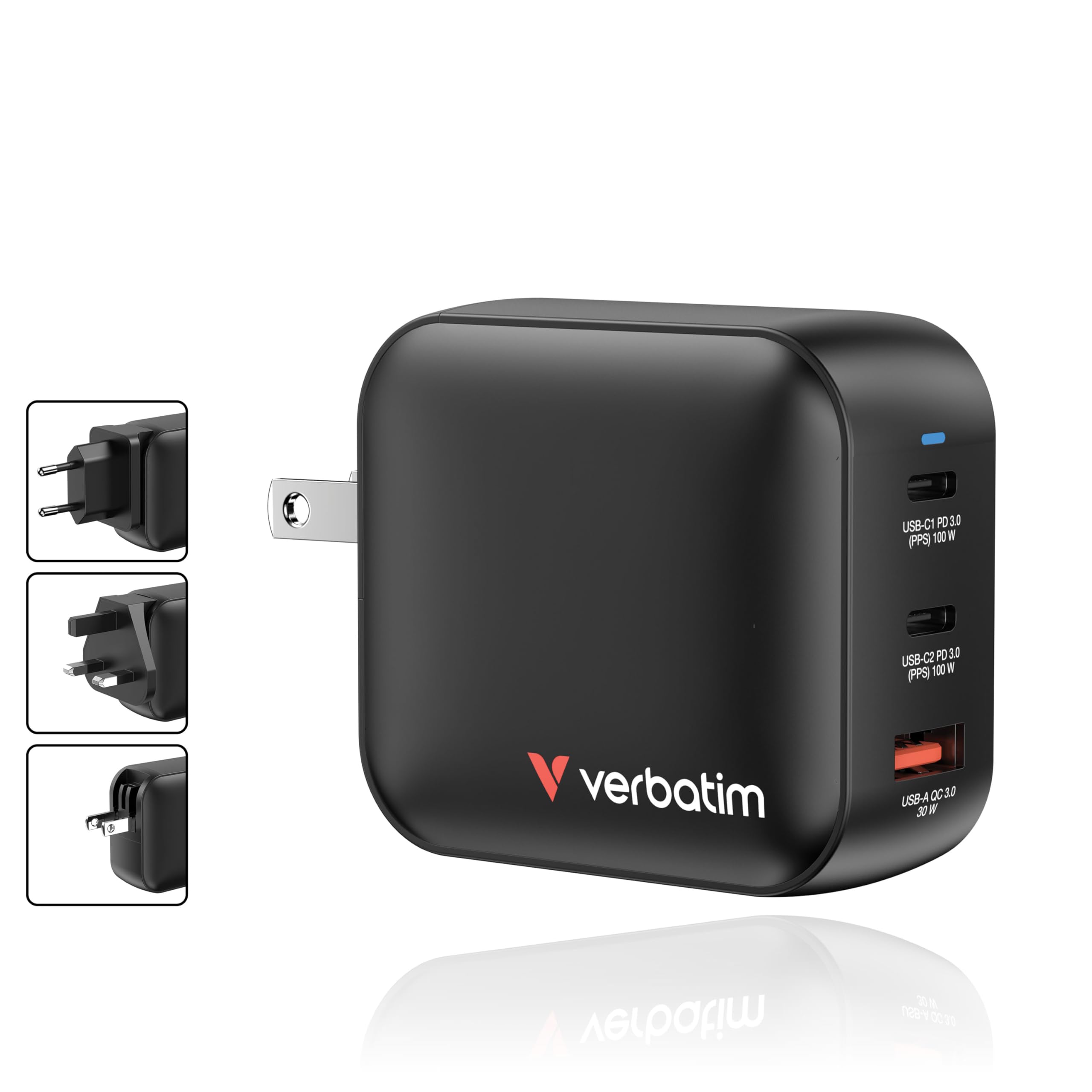 Verbatim Mini GaN Chargeur de 100W, Chargeur USB-C à 3 Ports, Adaptateur Secteur avec 2 x USB-C et 1 x USB-A, Chargeur Rapide Universel (UE, UK, US), pour Ordinateur Portable, Tablette, Smartphone