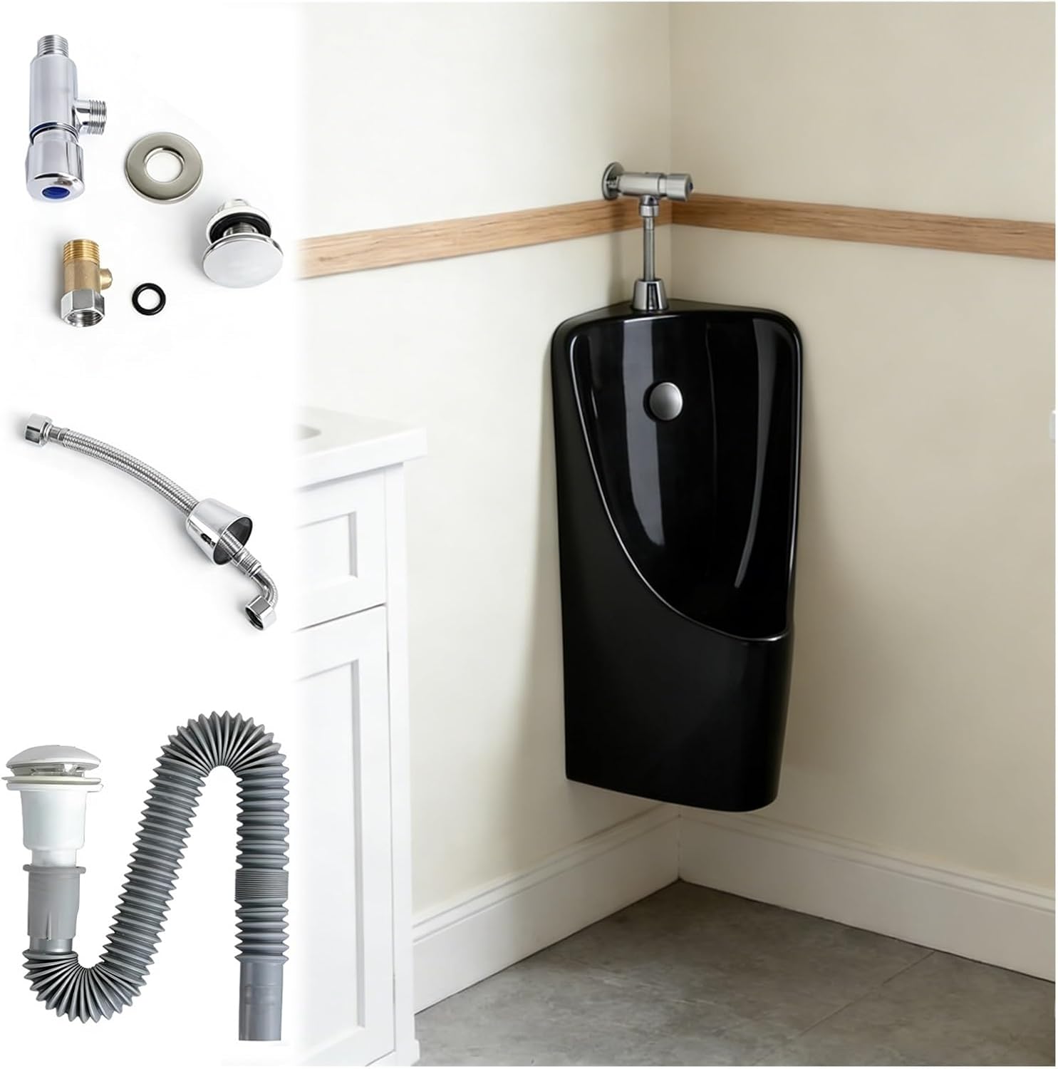 Urinals for Men Bathroom with Drainage Kit, Spill Proof & Anti Splash Male Ceramic Urinal with Removable Lid, Garage Urinal for Public Restrooms(Black)