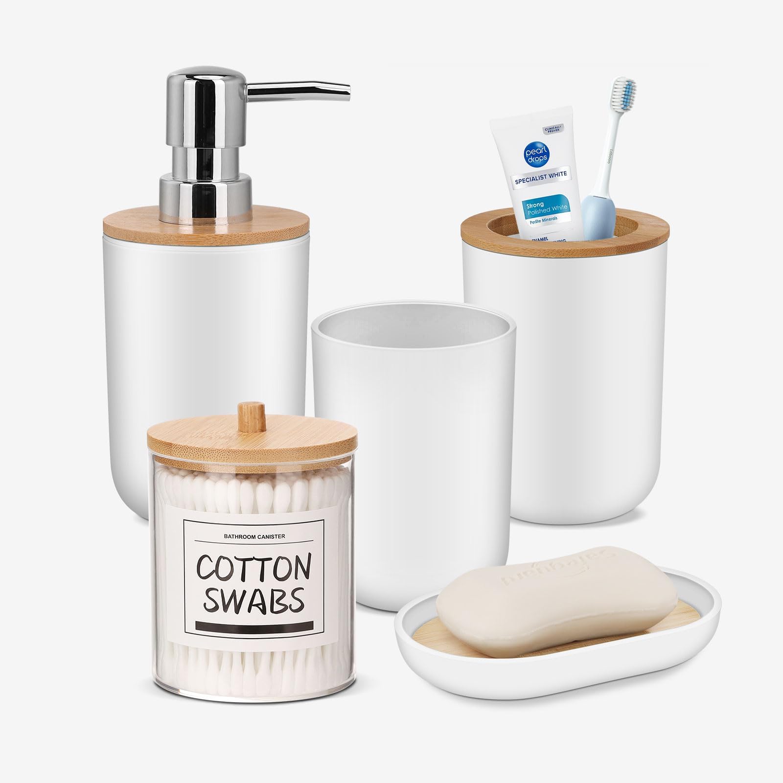 IMAVO White Bathroom Accessories Set,5 Piece Bathroom Gift Set,Toothbrush Holder,Toothbrush Cup,Soap Dispenser,Soap Dish and Q-tip Holder