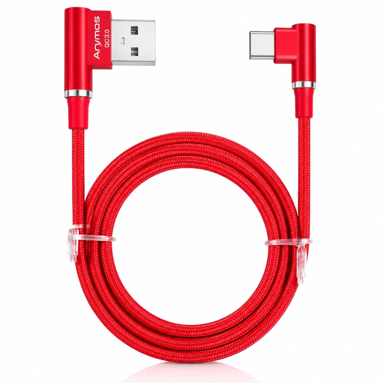 USB-A to Type-C Cable, Red, Nylon Braided, 1.5m, QC 3.0 Fast Charging, 90° Right Angle, Tangle Free-picture-13