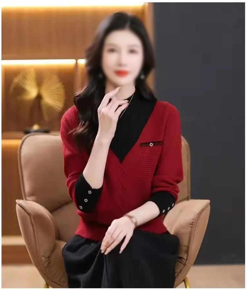 Women's Long Sleeve Pullovers Sweaters Half High Collar Contrast Color Casual Loose Knitted Tops