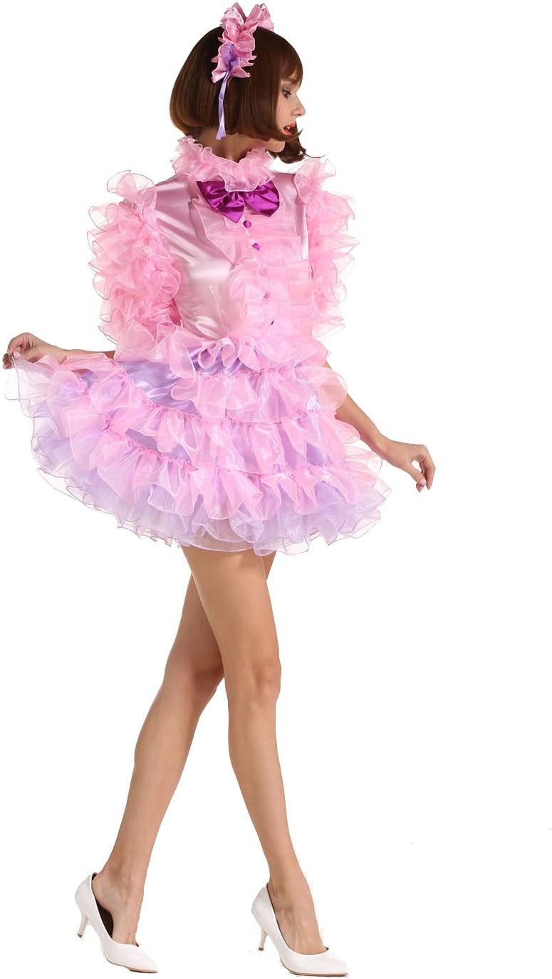 Women Sissy Maid Half Sleeve Lockable Puffy Pink Dress Uniform Crossdress - Image 6