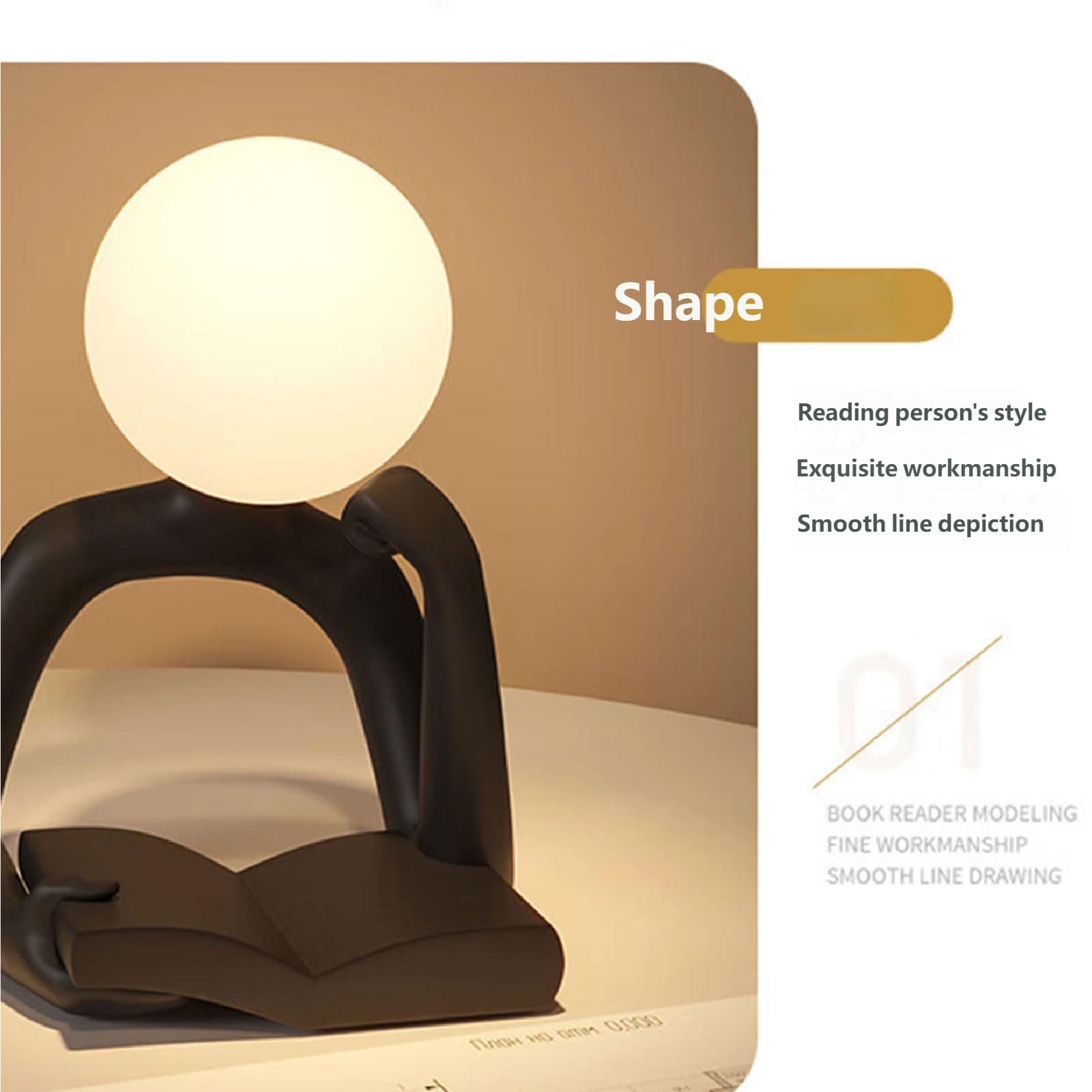 Lampada da scrivania con statuetta lettura artistica, Black | Lampada da scrivania moderna a forma personaggio in resina, decorazione da comodino, luce duratura,