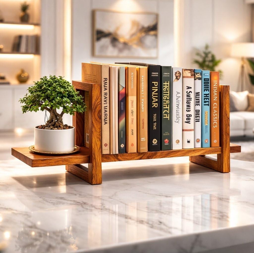 Solid Teak Wood Wooden Book Shelf for Home & Office Table - Multipurpose Desktop Bookshelf Organizer for Study Room, Living Room & Workspace Modern Wooden Storage Rack (Brown)